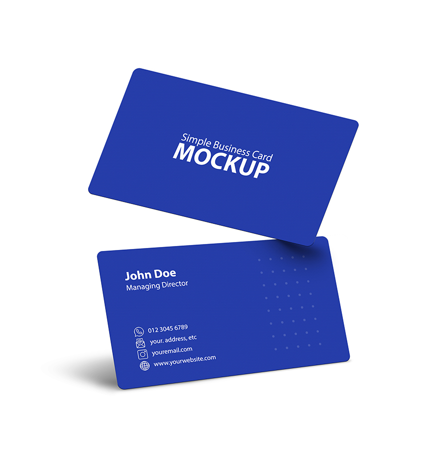 a blue business cards with white text